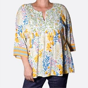 Cynthia Rowley Boho Botanical Blouse Floral Pintuck 100% Rayon Tunic Top 1X XL